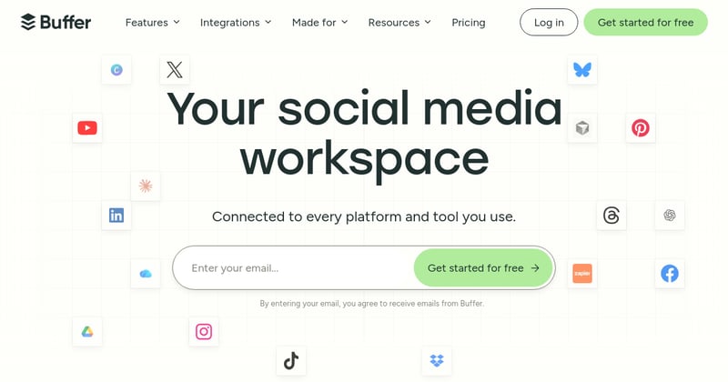 Buffer social media scheduling dashboard showing a content calendar and post queue