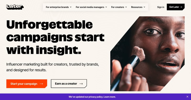 Later visual content calendar showing a drag-and-drop Instagram grid preview