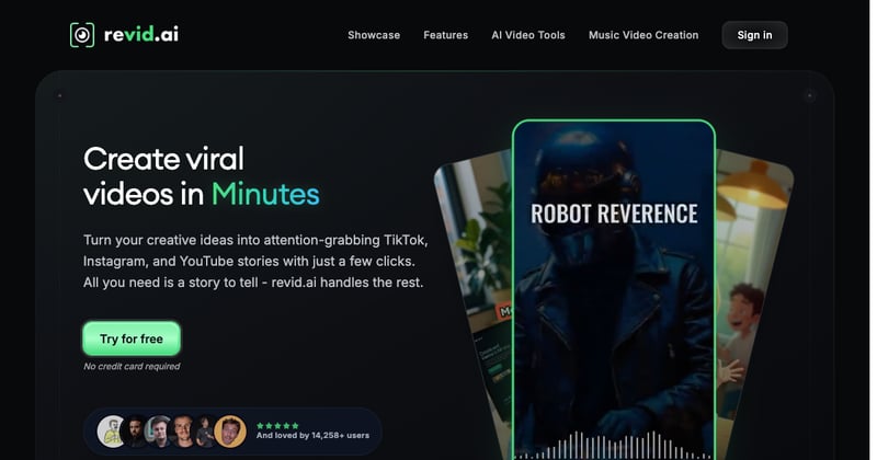Генератор видео из текста Revid.ai, создающий фейслесс-ролик с субтитрами из сценария